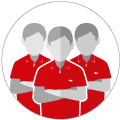 Ilustración de equipo de 3 técnicos cruzados de brazos con camisas rojas.
